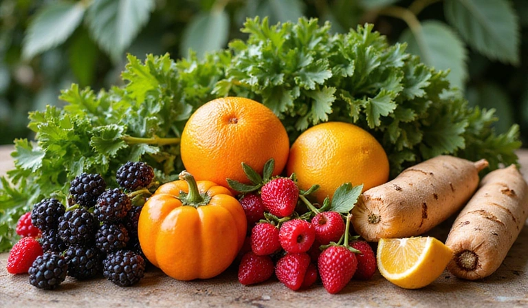 Zdjęcie przedstawiające świeże owoce i warzywa, symbolizujące zdrową dietę i naturalne składniki.