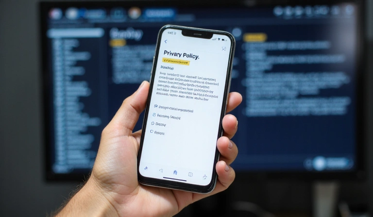 Person holding a smartphone with a privacy policy screen, symbolizing user control over data
