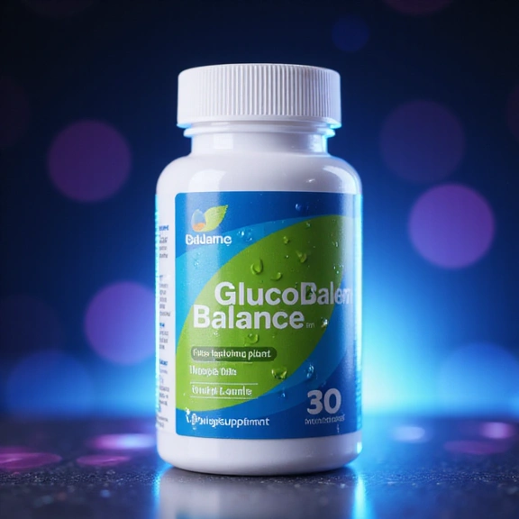 Opakowanie suplementu GlucoBalance z zielonymi liśćmi i kroplami wody symbolizującymi naturę i świeżość